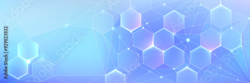 Blue pastel medical and tech background with hexagon pattern and bright sparkles. Realistic vector abstract bg with honeycomb geometric cell texture for medicine and science technology design.