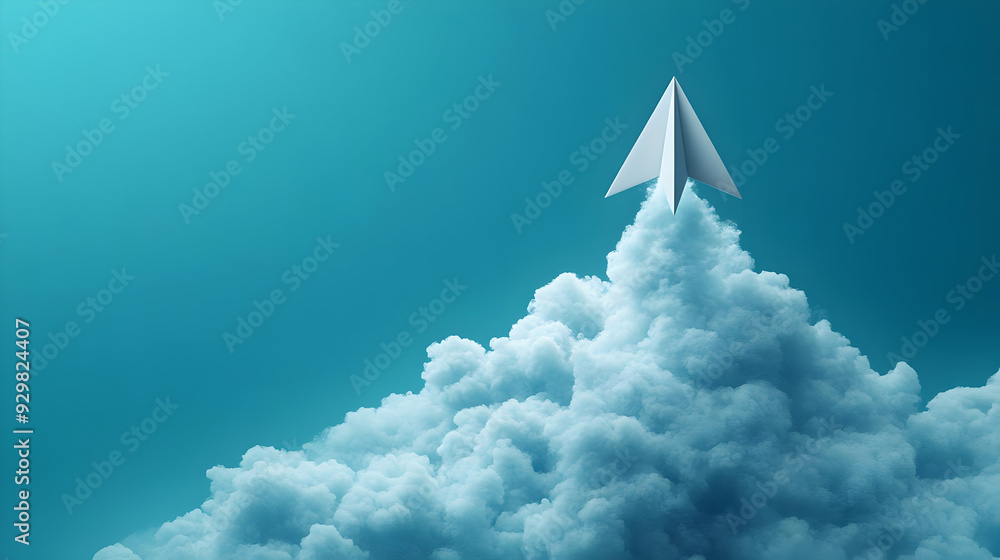 A paper airplane soaring above fluffy clouds in a serene blue sky. A paper airplane soaring above fluffy clouds in a serene blue sky.