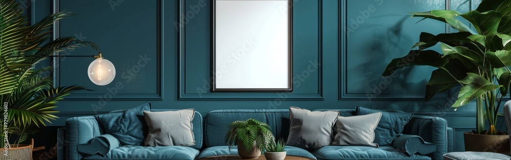 A mockup of an empty vertical picture frame hanging on a teal wall in a living room. The room features a couch, plants, and a hanging light fixture A mockup of an empty vertical picture frame hanging on a teal wall in a living room. The room features a couch, plants, and a hanging light fixture