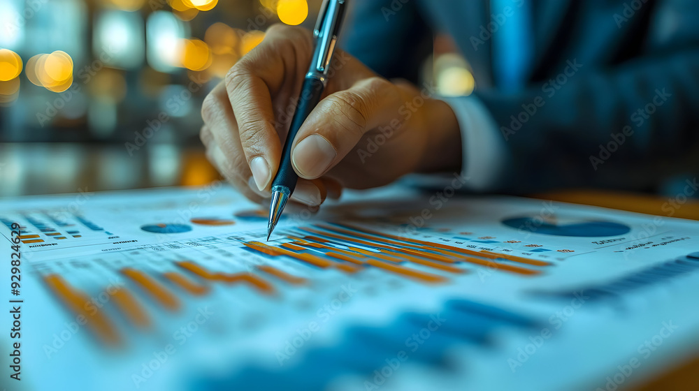 A person analyzing charts and graphs with a pen in hand. A person analyzing charts and graphs with a pen in hand.