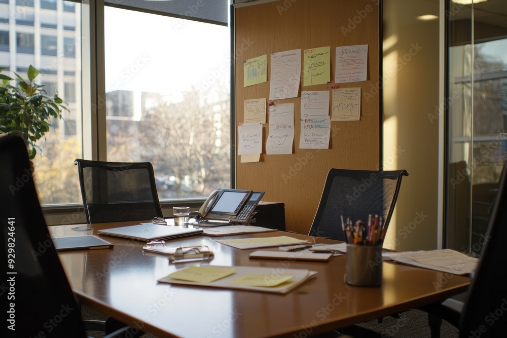 A conference room filled with ad campaign strategy materials, including charts, campaign drafts, and marketing research A conference room filled with ad campaign strategy materials, including charts, campaign drafts, and marketing research