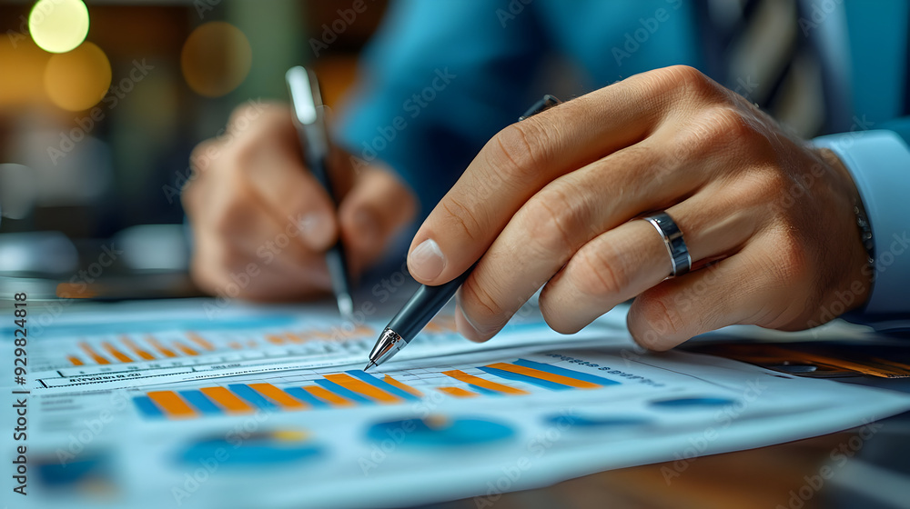A person analyzing graphs and charts with pens in hand. A person analyzing graphs and charts with pens in hand.