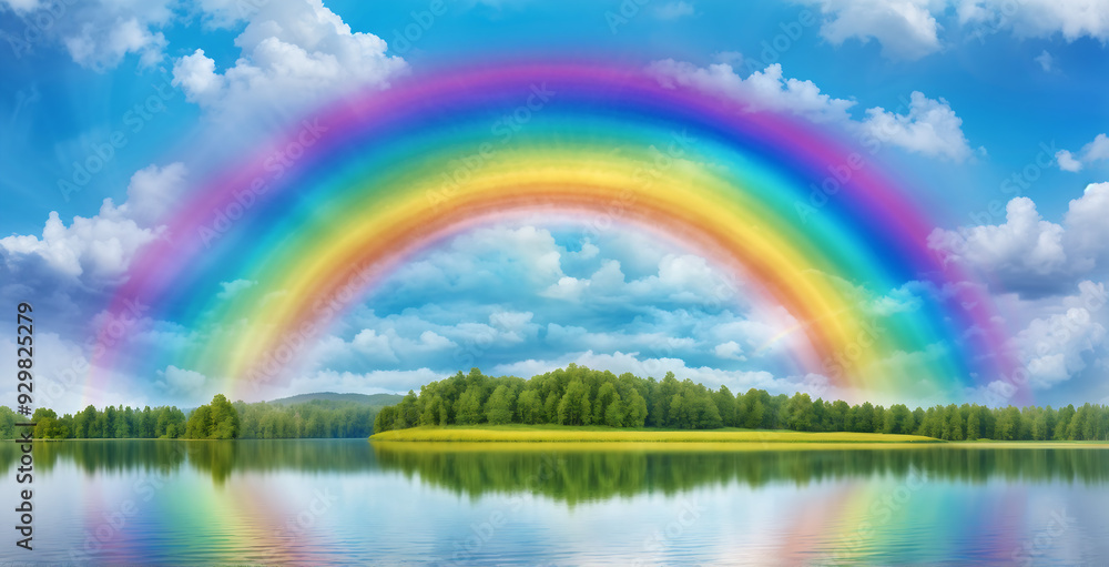 A panoramic view of the lake with a rainbow visible in the clear sky after the rain A panoramic view of the lake with a rainbow visible in the clear sky after the rain