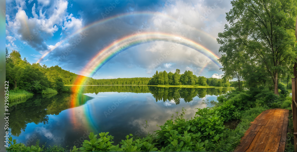 A panoramic view of the lake with a rainbow visible in the clear sky after the rain A panoramic view of the lake with a rainbow visible in the clear sky after the rain