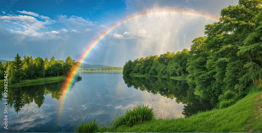 A panoramic view of the lake with a rainbow visible in the clear sky after the rain A panoramic view of the lake with a rainbow visible in the clear sky after the rain
