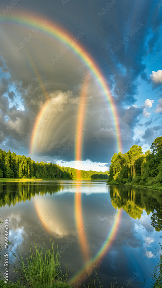A panoramic view of the lake with a rainbow visible in the clear sky after the rain A panoramic view of the lake with a rainbow visible in the clear sky after the rain