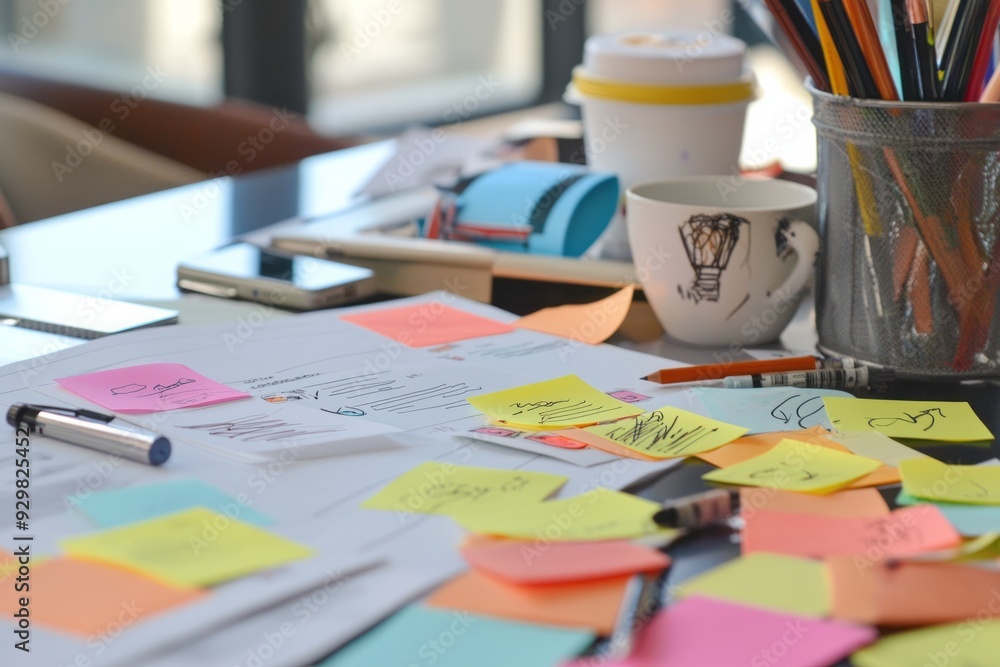 A creative brainstorming session with post-it notes, marketing data, and campaign sketches spread across a table A creative brainstorming session with post-it notes, marketing data, and campaign sketches spread across a table