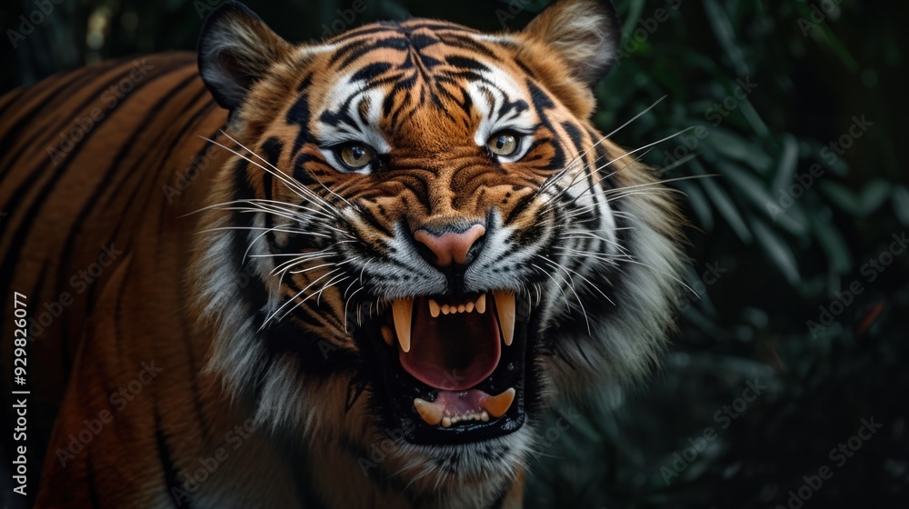 Naklejka premium Closeup of a Roaring Tiger in the Jungle