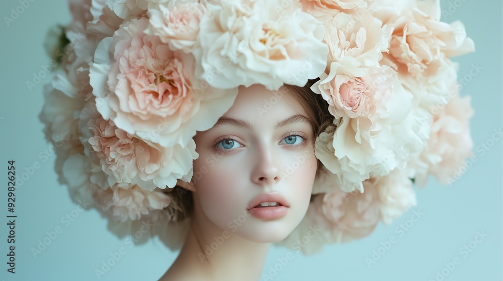 Elegant portrait of a young woman adorned with a large, pastel-colored floral headpiece, softening her look and exuding beauty. Elegant portrait of a young woman adorned with a large, pastel-colored floral headpiece, softening her look and exuding beauty.
