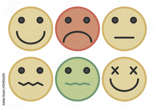 Hoja de iconos de emoticonos contento, triste, neutro y enfermo