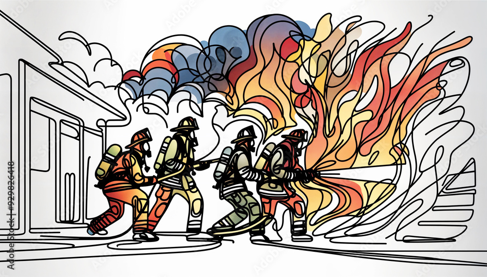 Firefighters battling flames with water hoses. Illustration style. Firefighting, emergency, and heroism concept. Design, print, poster, card, banner, social media Firefighters battling flames with water hoses. Illustration style. Firefighting, emergency, and heroism concept. Design, print, poster, card, banner, social media