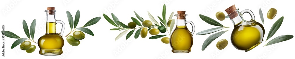 A set of olive oil bottles accompanied by olive branches and olives collection cut out transparent isolated on white background PNG A set of olive oil bottles accompanied by olive branches and olives collection cut out transparent isolated on white background PNG