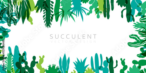 Herbal decorative banner. Vector background with plants design elements. Horizontal frame with succulent plants and cactuses and copy space.