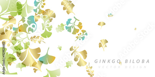 Herbal decorative banner. Vector background with plants design elements. Vertical border with falling ginkgo biloba leaves and branches.
