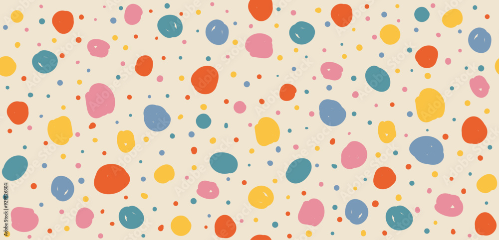 Abstract dots and spots hand drawn Y2K naive seamless pattern. Vector organic colorful doodle circle dotted background in 70s groovy style Abstract dots and spots hand drawn Y2K naive seamless pattern. Vector organic colorful doodle circle dotted background in 70s groovy style