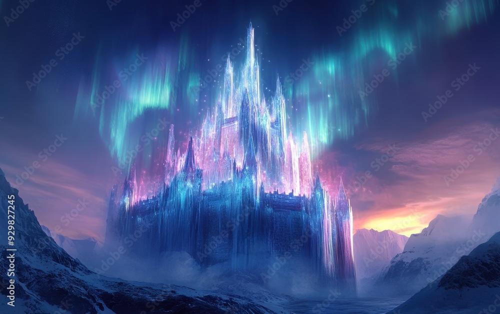 Fantasy Ice Castle in a Winter Wonderland with Aurora Borealis Fantasy Ice Castle in a Winter Wonderland with Aurora Borealis