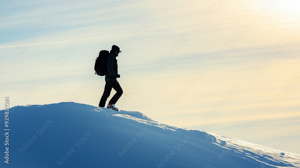 Silhouette of a hiker with a backpack, walking on a snowy mountain peak at sunrise or sunset. Silhouette of a hiker with a backpack, walking on a snowy mountain peak at sunrise or sunset.
