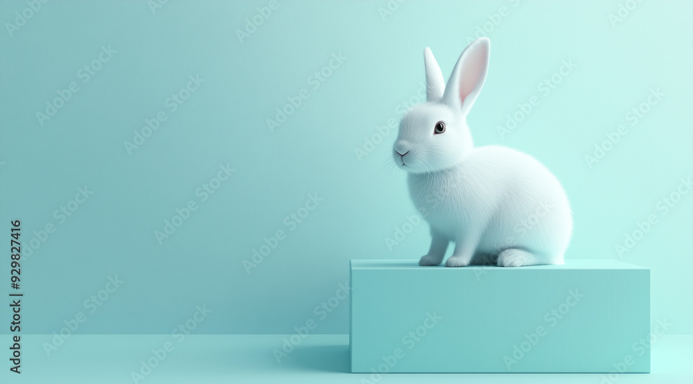 Obraz premium cute white rabbit sitting on a blue box on blue background