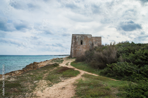 Panorama della torre Specchia Ruggeri alle porte del borgo di San Foca lungo il Cammino del Salento che da Lecce porta a Santa Maria di Leuca photo