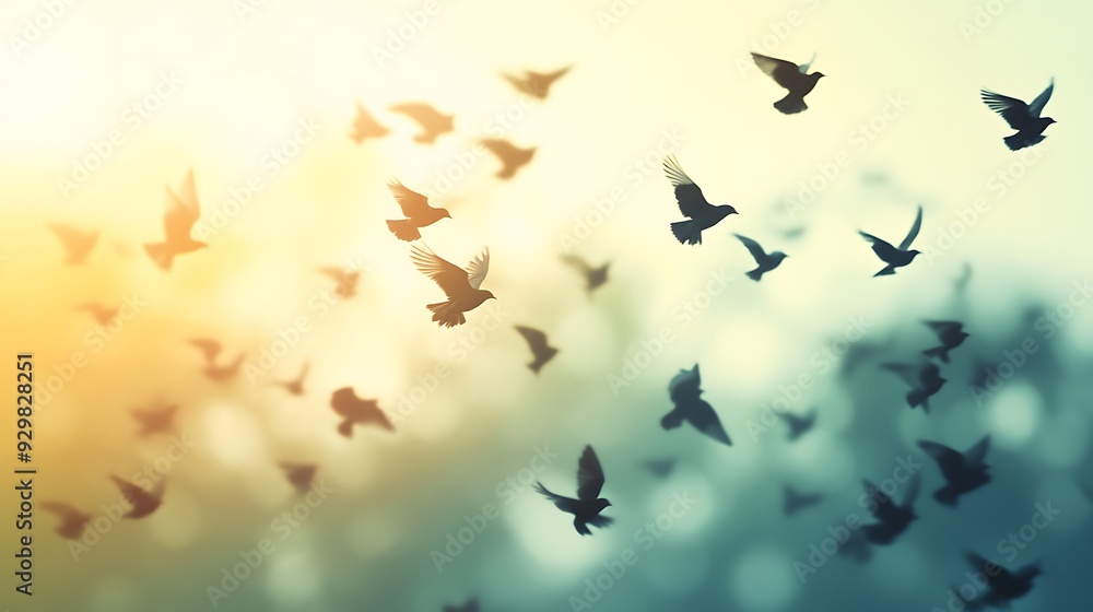 Silhouettes of birds flying in a soft, blurred background. Silhouettes of birds flying in a soft, blurred background.