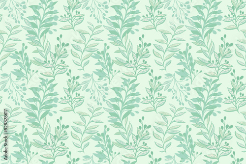 Pastel mint pattern with stylized art branches, abstract shapes leaves. Creative floral stems contemporary seamless printing. Vector hand drawing illustration. Designs for fabric, cover, textiles