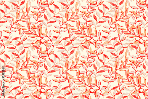 Colorful autumn jungle pattern with abstract artistic branches leaves. Creative leaf stems contemporary seamless print. Vector hand drawing illustration. Designs for fabric, cover, textiles, fashion