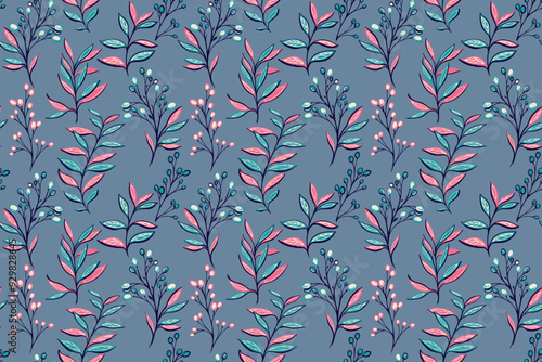  Abstract artistic shapes leaf stems, unique berries on branch on a turquoise background. Creative colorful botanical contemporary seamless print. Vector hand drawing illustration. Designs