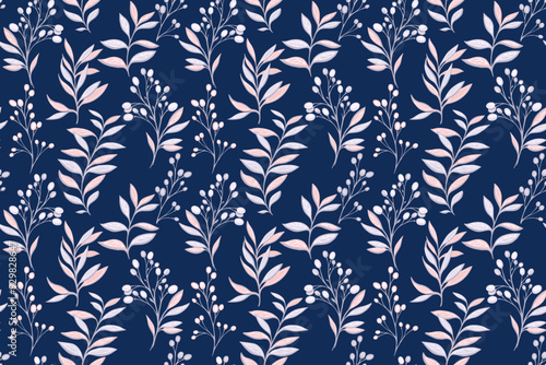  Abstract artistic creative branches leaves, shapes berries on branch. Unique plants contemporary seamless print on a dark blue background. Vector hand drawing illustration. Designs for fabric