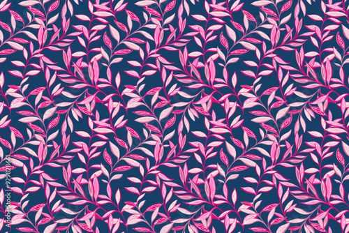 Colorful pink jungle pattern with abstract artistic branches leaves on a dark background. Creative botanical seamless print. Vector hand drawing illustration. Designs for fabric, textiles, fashion