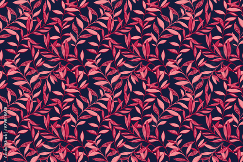 Chic burgundy leaf stems intertwined in a seamless pattern. Abstract artistic printing with ornate branches leaves on a dark background. Vector hand drawing illustration. Designs for fabric