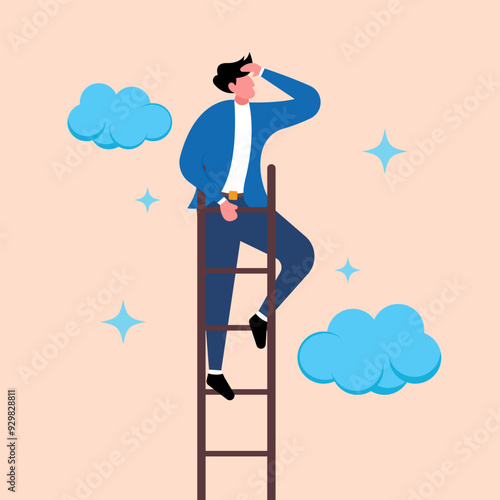Illustration of a Young Entrepreneur Starting a Career Process. Vector Concept of Character Flying Above the Clouds