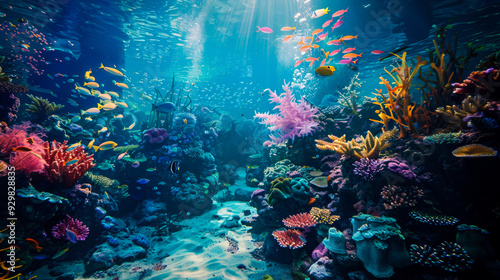 A vibrant underwater scene with colorful fish and coral reefs