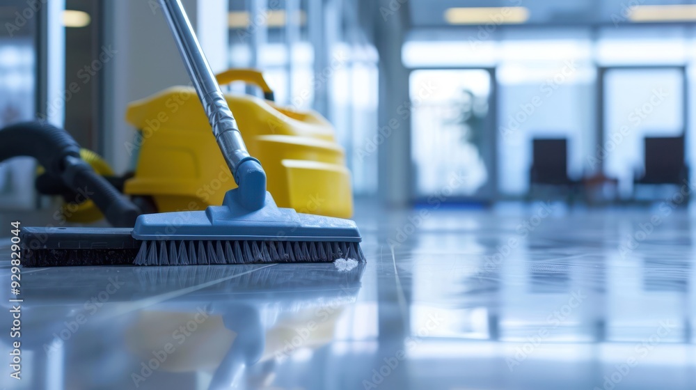 Fototapeta premium mop wipe cleaning floor blur office background