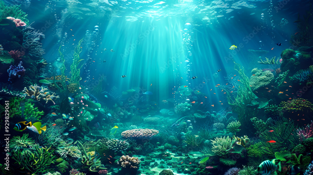 Fototapeta premium Underwater Scene with Sunbeams, Colorful Fish, and Lush Coral Reef