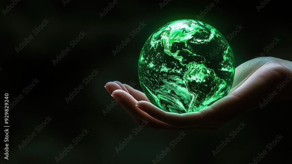 An abstract 3D image of a hand cupping a green planet, conveying themes of environmental stewardship and global unity