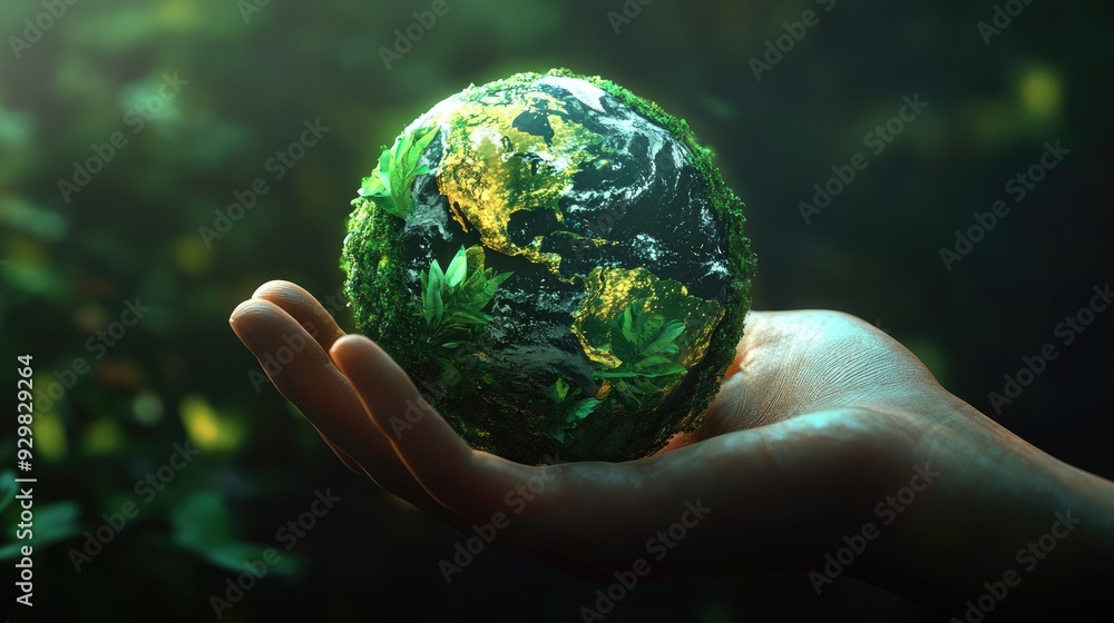 An abstract 3D image of a hand cupping a green planet, conveying themes of environmental stewardship and global unity An abstract 3D image of a hand cupping a green planet, conveying themes of environmental stewardship and global unity