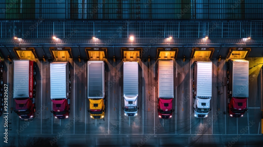 Fototapeta premium photograph of row of trucks parked in front of warehouse factory building. AI generated