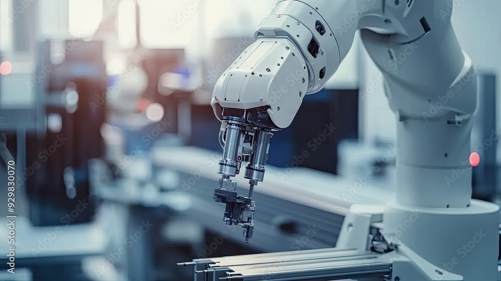 Close-up of an industrial robot arm smoothly operating on a production line, showcasing precision and cutting-edge technology Close-up of an industrial robot arm smoothly operating on a production line, showcasing precision and cutting-edge technology