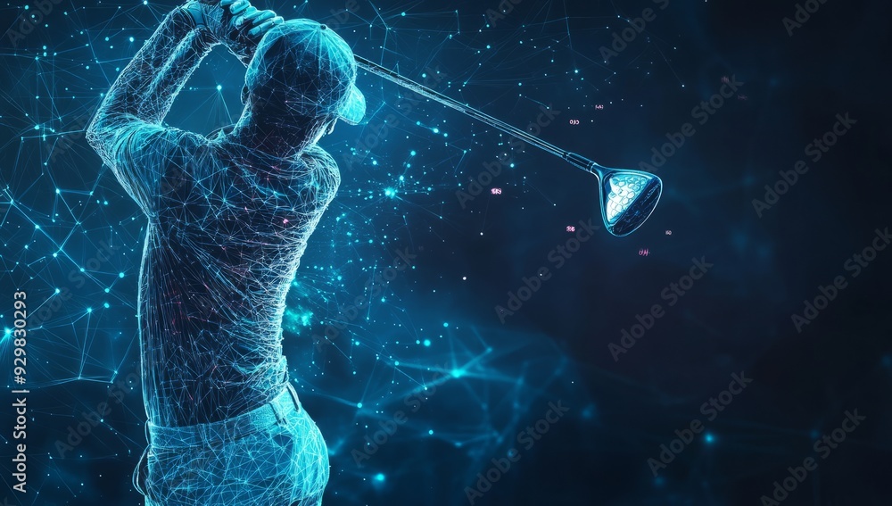 A dynamic digital illustration featuring a golfer in mid-swing, surrounded by abstract blue lines and patterns to convey movement and the thrill of the sport. A dynamic digital illustration featuring a golfer in mid-swing, surrounded by abstract blue lines and patterns to convey movement and the thrill of the sport.