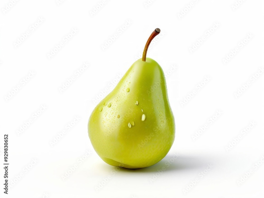 A ripe, fresh light green, yellow color pear glistens with dewy water droplets against a clean white background. AI generated. A ripe, fresh light green, yellow color pear glistens with dewy water droplets against a clean white background. AI generated.
