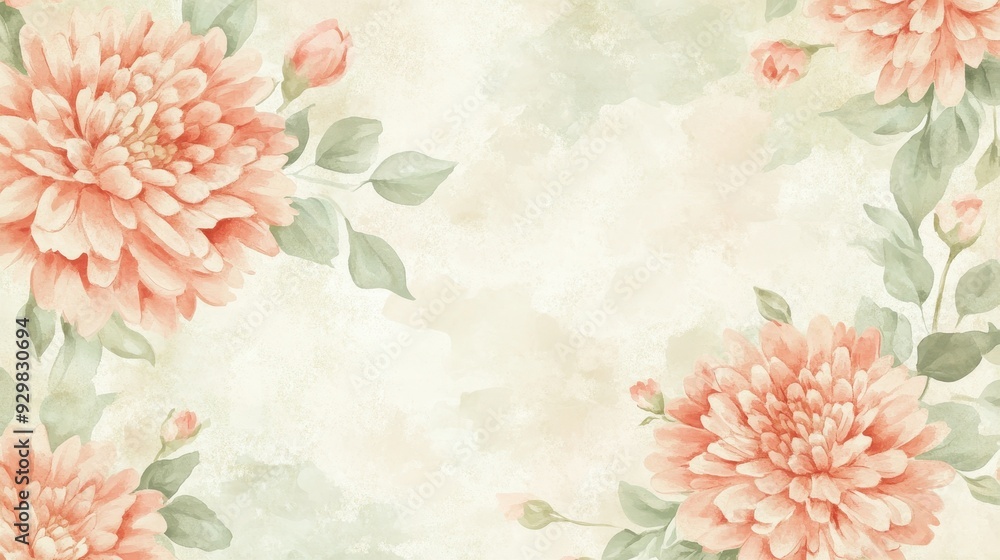 A floral design featuring soft peach chrysanthemums and green leaves on a textured background. A floral design featuring soft peach chrysanthemums and green leaves on a textured background.