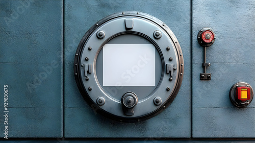 A round porthole on a blue ...