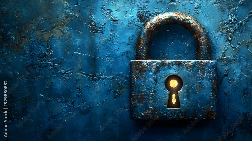 A rusty padlock on a textured blue background, symbolizing security. A rusty padlock on a textured blue background, symbolizing security.