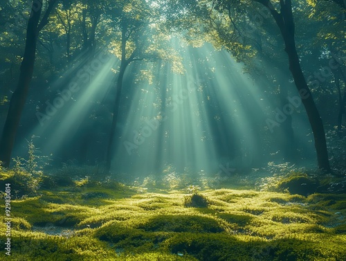 ethereal forest scene at dawn sunbeams piercing through misty air illuminating mosscovered ground and glistening spider webs among ancient trees