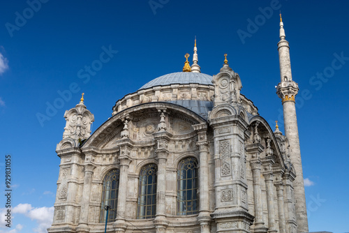 An exterior view of the Ortaköy Mosque, officially known as the Grand Mecidiye Mosque, Istanbul, Turkey, located next to the Ortaköy pier square, one of the most popular places on the Bosphorus.