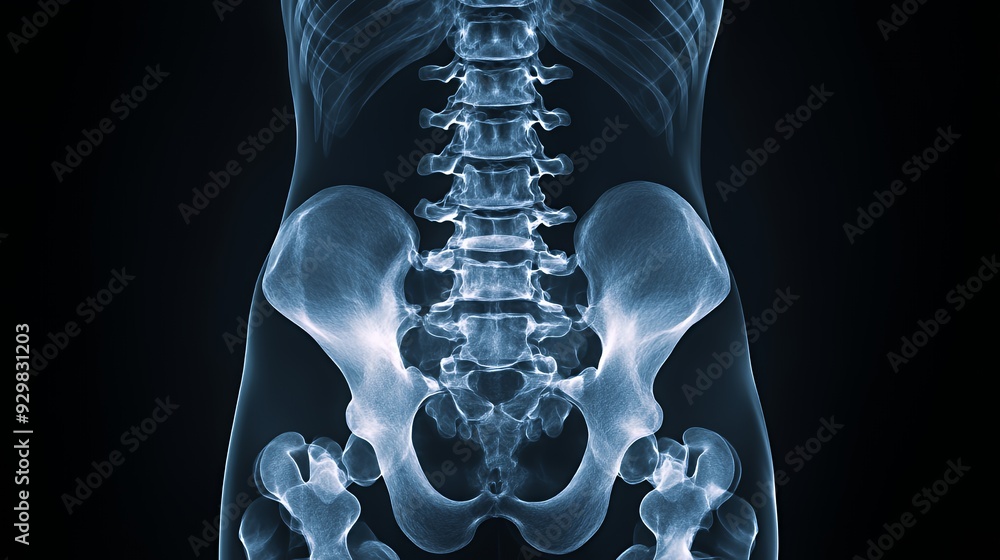 X-ray image of the human spine and pelvis, illustrating skeletal ...