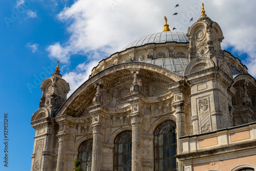 An exterior view of the Ortaköy Mosque, officially known as the Grand Mecidiye Mosque, Istanbul, Turkey, located next to the Ortaköy pier square, one of the most popular places on the Bosphorus. photo