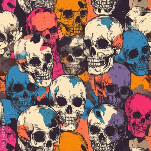 A vibrant collection of colorful skulls is presented against a dark black background, making them stand out vividly in the composition