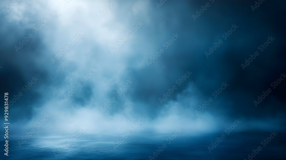 A serene blue mist enveloping a tranquil water surface. A serene blue mist enveloping a tranquil water surface.