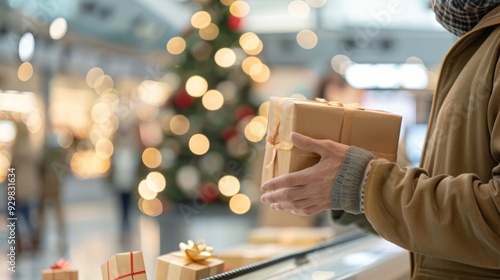 A person holding a beautifully wrapped gift box in a festive shopping environment with Christmas lights and a tree in the background. photo